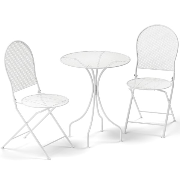 Gymax - 3 Piece Patio Set w/ Rattan-like Pattern Metal Patio Folding Bistro Set for 2 - White