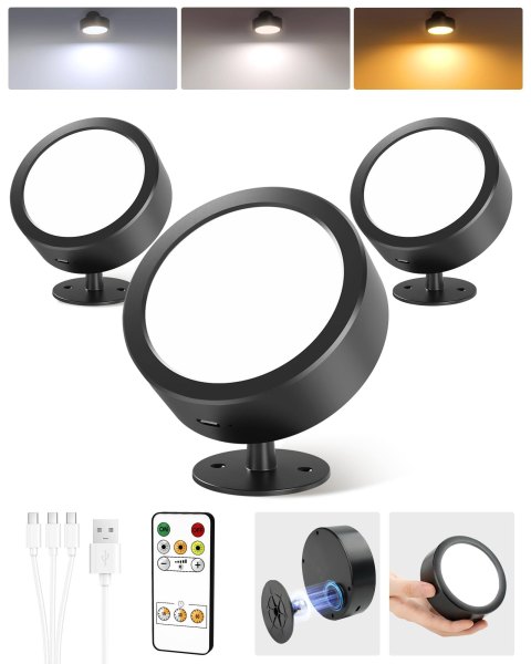 EZVALO - 3 Pack Rotation Dimmable Cordless Wall Mounted Light LED Wall Sconce Smart Recessed Lighting with Remote-3 Temps - Black