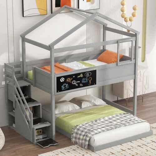 Gray Twin Over Full House Bunk Bed with Storage Staircase and Blackboard