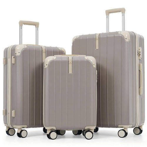 Lightweight Durable 3-Piece Light Gray ABS Plastic Hardshell Spinner Luggage Set with TSA Lock, Front and Side Hooks