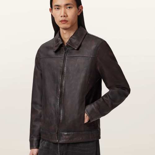 AllSaints Mens Alkan Zip Up Two Tone Leather Jacket, Red, Size: XS