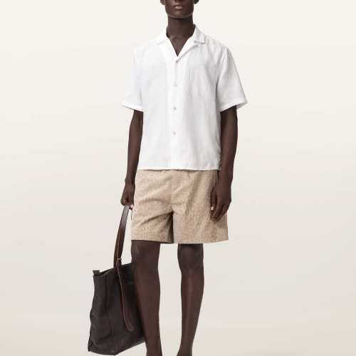 AllSaints Mens Hockley Relaxed Fit Suede Leopard Print Shorts, Brown