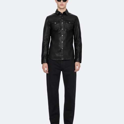 AllSaints Mens Irwin Leather Shirt, Black