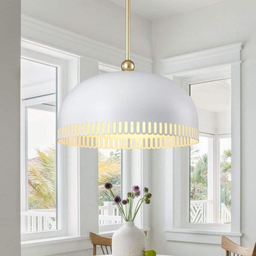 16.14 in. 3-Light Gold Iron Dome Shape Pendant Light with Matte White Metal Shade Hollow Out Design for Living Room