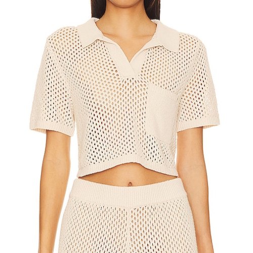 onia Crochet Cropped Polo Top in Beige. size (also in L, M, S, XL)