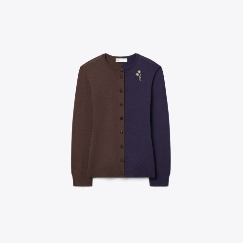 Tory Burch Brooch Color-Block Wool Cardigan