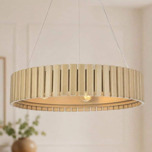 24 in. 4-Light Dimmable Vintage Wood Finish Drum Kitchen Island Chandelier, for Bedroom, Living Room, Dining Room