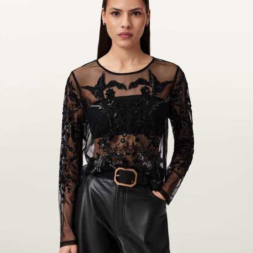 AllSaints Womens Greta Embellished Tulle Top, Black