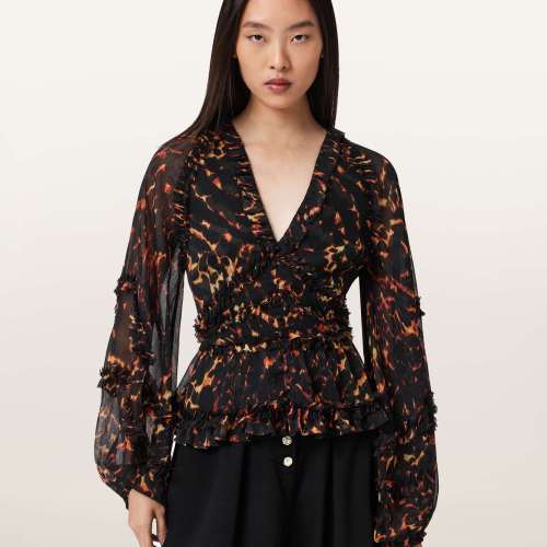 AllSaints Womens Silvie Ruffled Top, Brown