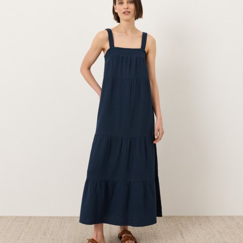 Organic Coastal Double Gauze Tiered Dress by Pact in Navy Fair Trade, Womens